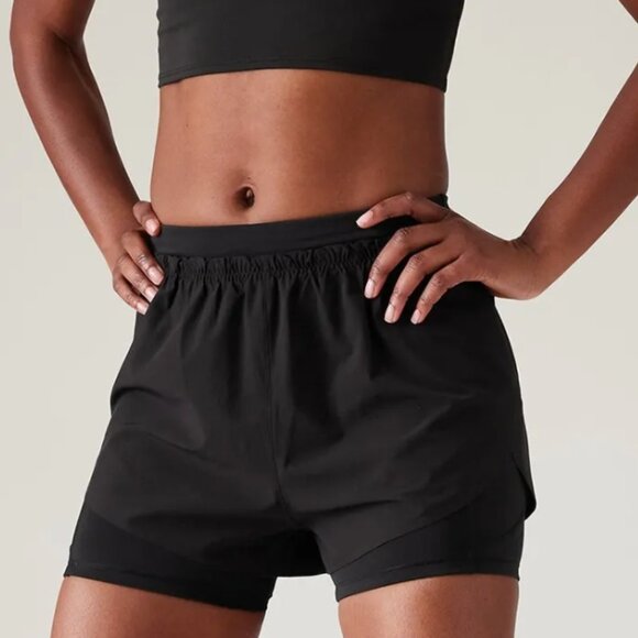 Athleta 2 in 1 Mile Marker Double Layer Running Shorts - Black NWOT - Picture 1 of 7